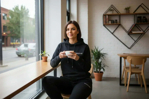 Woman in MIMOSPLASH black hoodie jogger tracksuit set sipping coffee by the window in a cozy café.