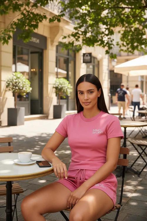 Woman wearing a pink crop top and shorts set by MIMOSPLASH, seated at a cafe table outdoors.