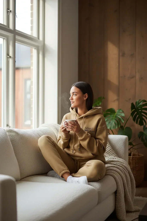 Woman enjoying a cozy moment in a women's beige tracksuit set, seated by the window with a warm beverage.