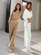 Women's Knit Long Sleeve & Wide Leg Pants Set - Two Piece