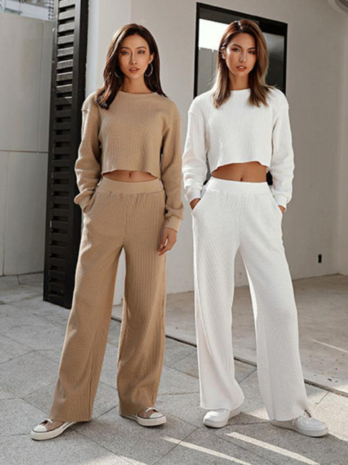 Women's Knit Long Sleeve & Wide Leg Pants Set - Two Piece