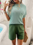 womens knitted co-ord set featuring a short sleeve top and matching green shorts in a stylish summer look