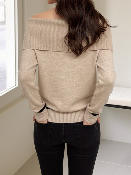 New elegant diamond-pattern jacquard off-shoulder loose sweater