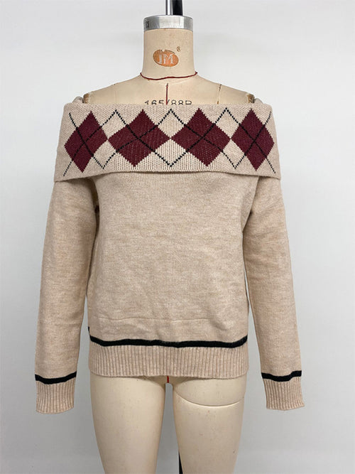 New elegant diamond-pattern jacquard off-shoulder loose sweater