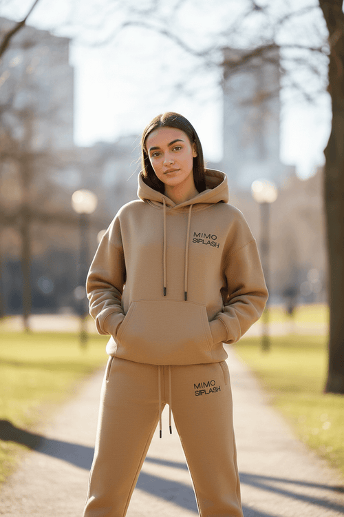 Woman wearing a women's beige tracksuit set with a hoodie and joggers, standing in a sunny park.