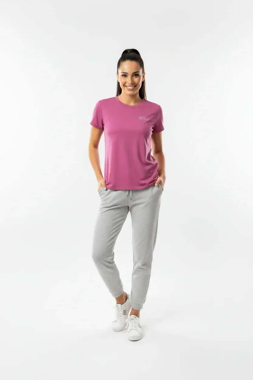 MIMOSPLASH Women's pink crop top activewear shown with grey joggers, model styling a casual look.