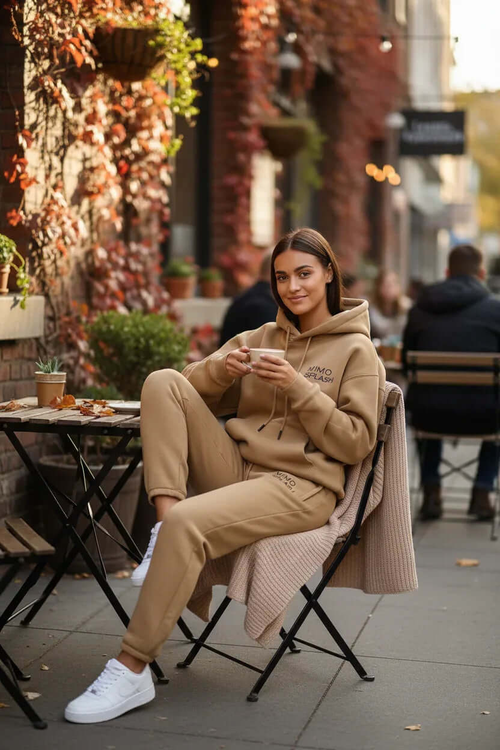 Woman in a women's beige tracksuit set, relaxing at a café while enjoying a warm drink.