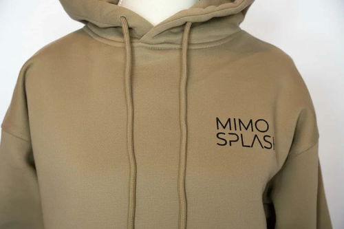 Close-up of the women's beige tracksuit set hoodie featuring MIMO SPLASH logo, perfect for casual outings and loungewear.