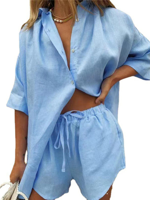 Women's Button-Up Shirt & Shorts Set - Casual Two Piece