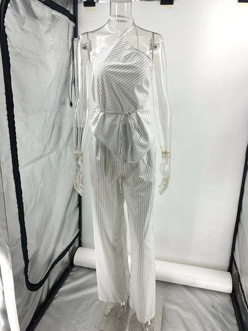 Women's One-Shoulder Striped Top & Trousers Set - Two Piece