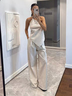 Women's One-Shoulder Striped Top & Trousers Set - Two Piece