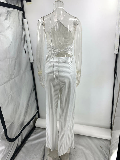 Women's One-Shoulder Striped Top & Trousers Set - Two Piece