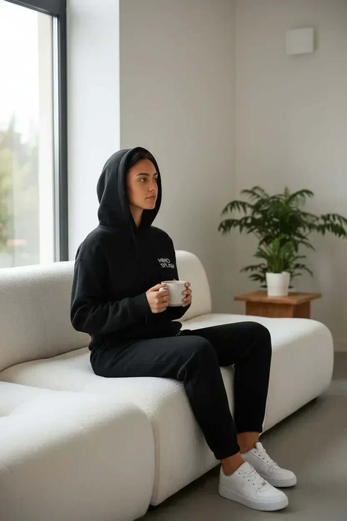 Woman in a black hoodie jogger tracksuit set sitting on a couch, holding a cup in a modern living space.