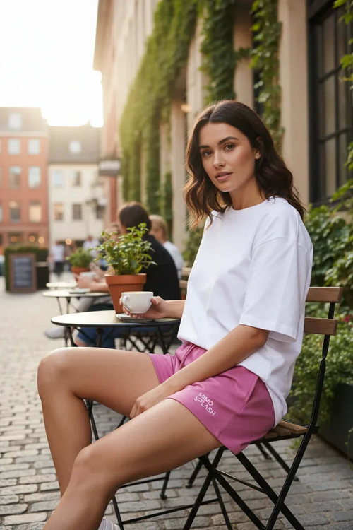 Woman wearing MIMOSPLASH pink activewear shorts and white t-shirt, sitting at a cafe, enjoying coffee.