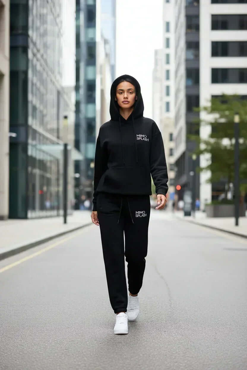 Woman wearing MIMOSPLASH black hoodie jogger tracksuit set walking on city street.